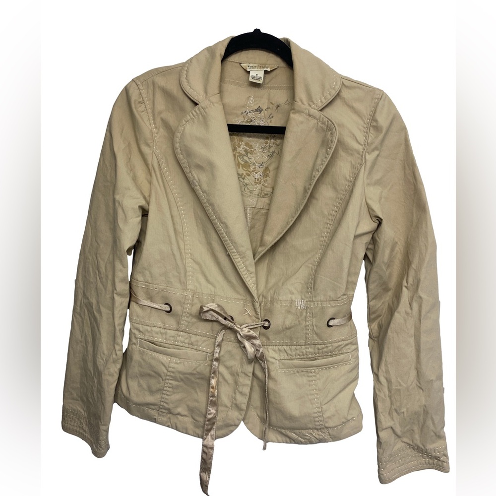White House Black Market Tan Cotton Utility Blazer Jacket w/ Ribbon Tie - Size 8